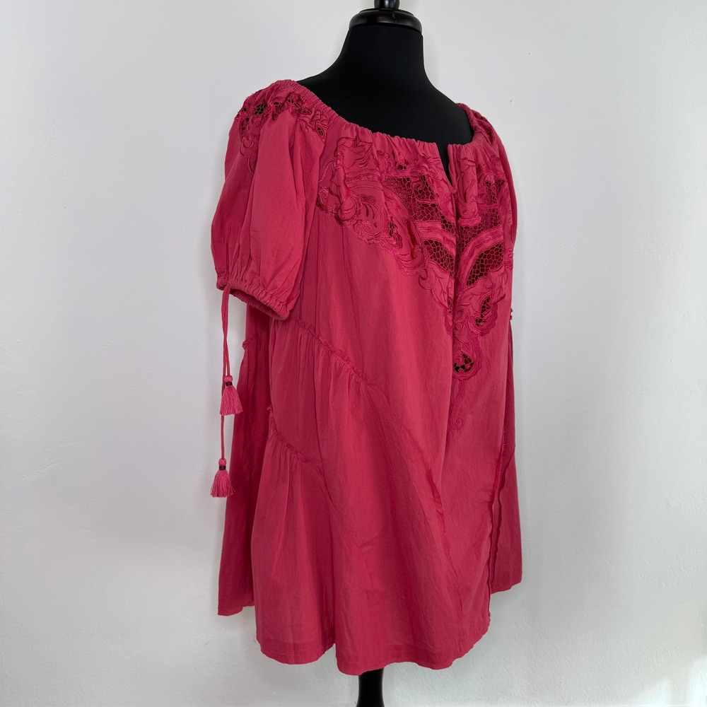 Free People Sunbeat Off-the-Shoulder Embroidered Tunic Mini Dress Pink M NWT - Picture 7 of 16
